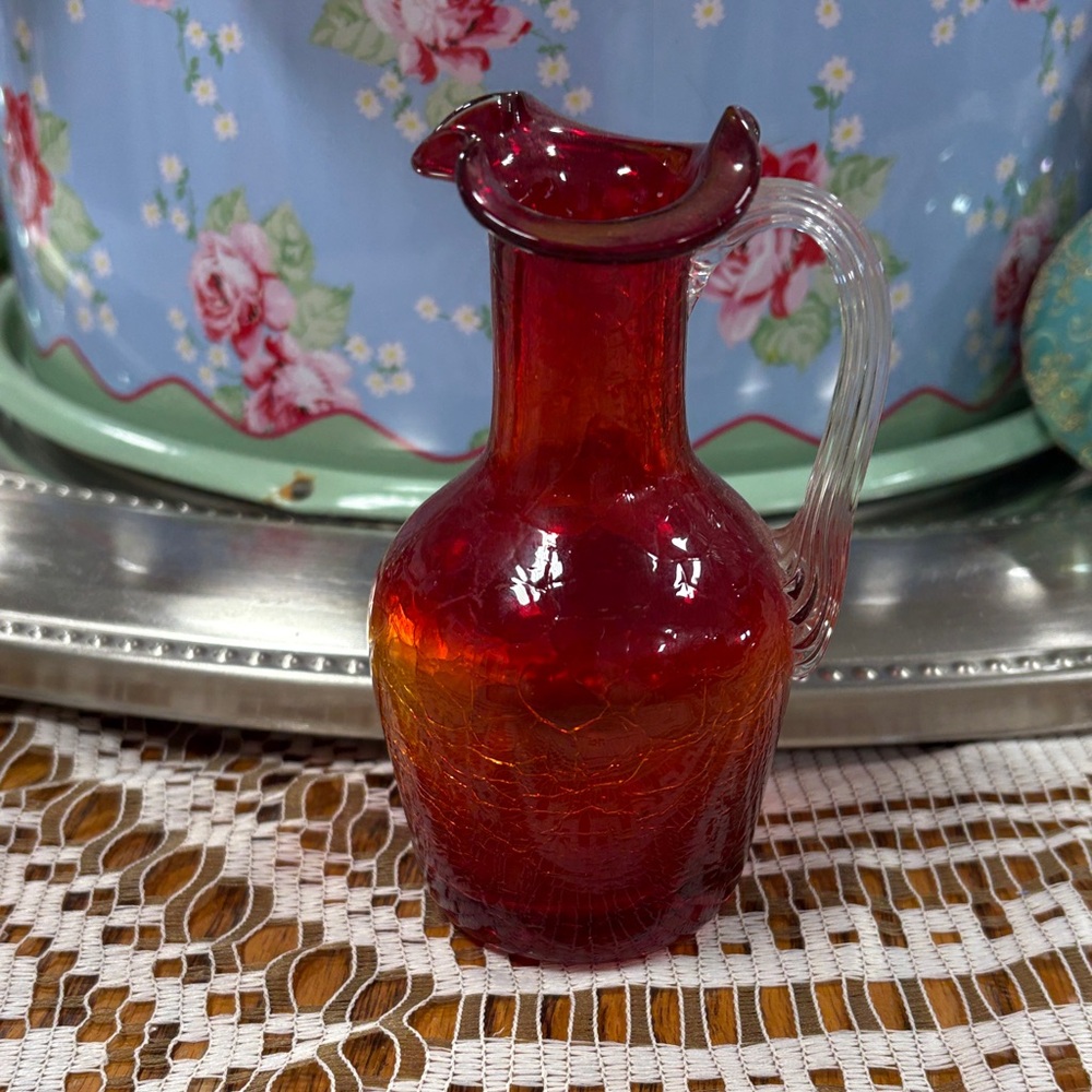 Amberina crackle glass small vase or pitcher
